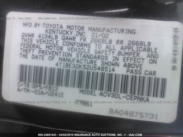 4T1BE32K52U548514 - 2002 TOYOTA CAMRY LE/XLE/SE PURPLE photo 9