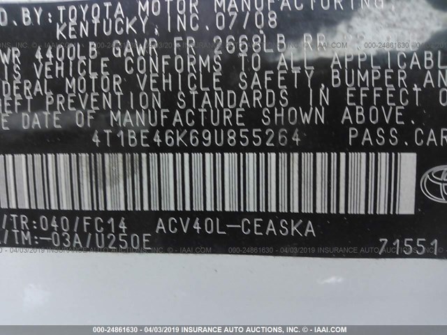 4T1BE46K69U855264 - 2009 TOYOTA CAMRY SE/LE/XLE 白色 照片 9