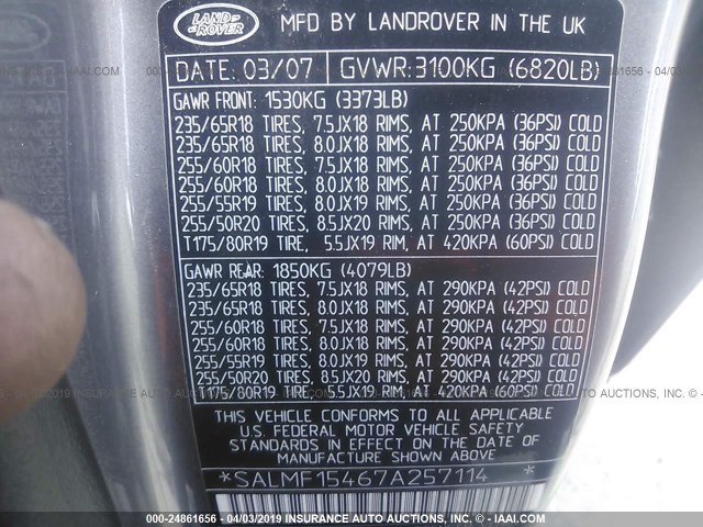 SALMF15467A257114 - 2007 LAND ROVER RANGE ROVER HSE Pewter photo 9