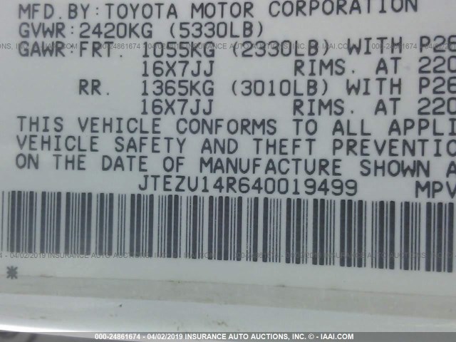 JTEZU14R640019499 - 2004 TOYOTA 4RUNNER SR5/SPORT WHITE photo 9