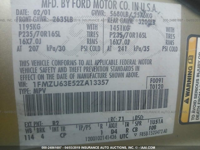 1FMZU63E52ZA13357 - 2002 FORD EXPLORER XLT GOLD photo 9