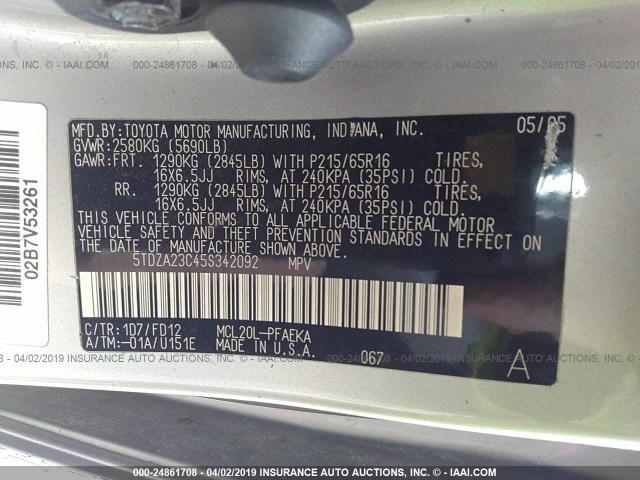 5TDZA23C45S342092 - 2005 TOYOTA SIENNA CE/LE SILVER photo 9