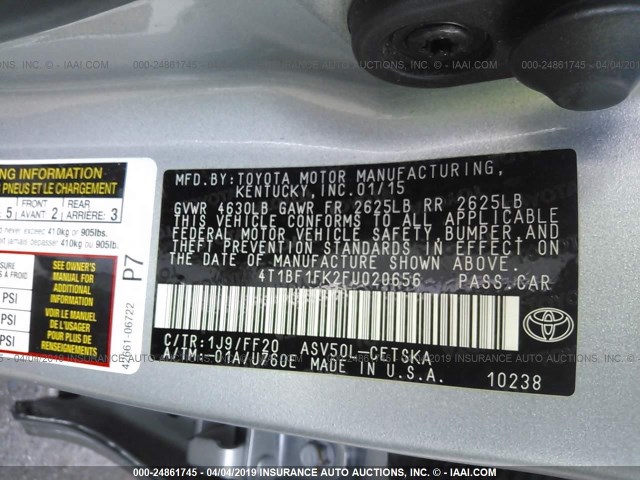 4T1BF1FK2FU020656 - 2015 TOYOTA CAMRY LE/XLE/SE/XSE SILVER photo 9