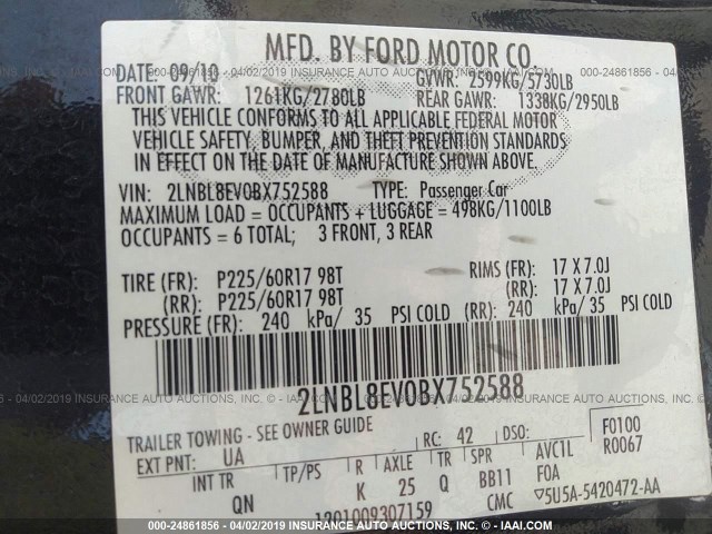 2LNBL8EV0BX752588 - 2011 LINCOLN TOWN CAR EXECUTIVE L BLACK photo 9