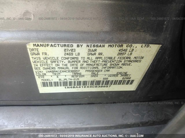 1N4BA41EX4C838957 - 2004 NISSAN MAXIMA SE/SL GRAY photo 9