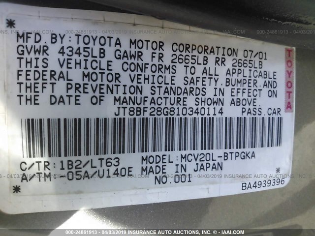 JT8BF28G810340114 - 2001 LEXUS ES GRAY photo 9