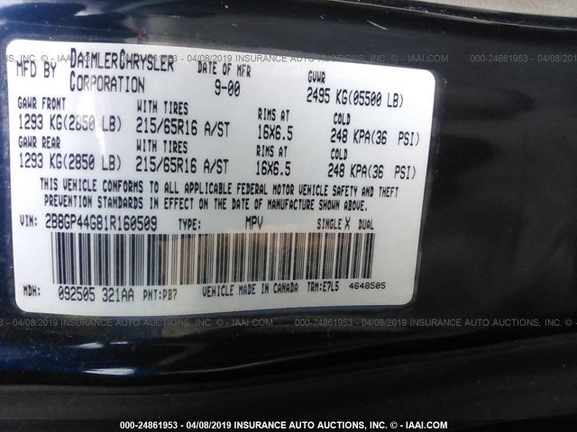 2B8GP44G81R160509 - 2001 DODGE GRAND CARAVAN SPORT BLUE photo 9