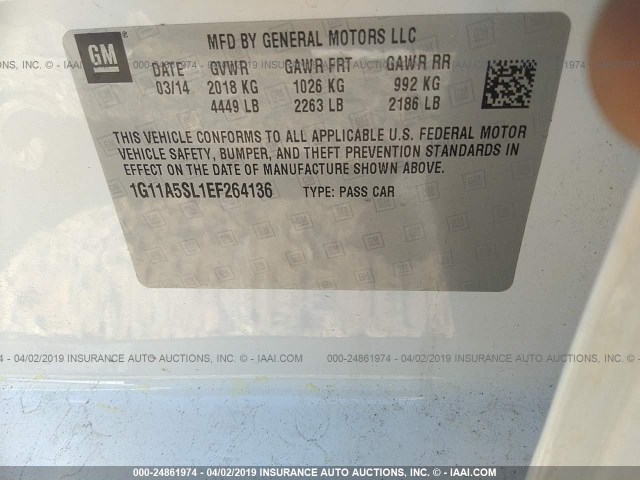 1G11A5SL1EF264136 - 2014 CHEVROLET MALIBU LS WHITE photo 9