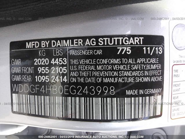 WDDGF4HB0EG243998 - 2014 MERCEDES-BENZ C 250 SILVER photo 9