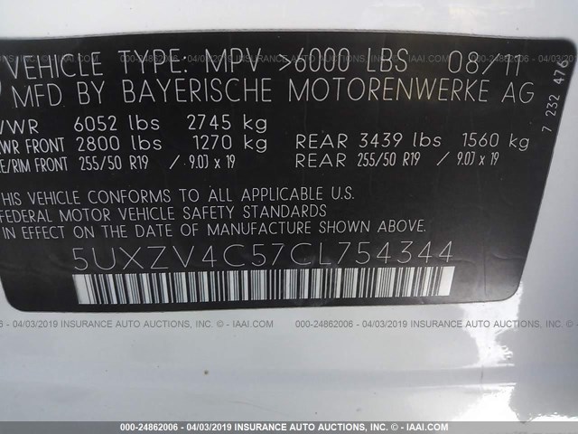 5UXZV4C57CL754344 - 2012 BMW X5 XDRIVE35I WHITE photo 9