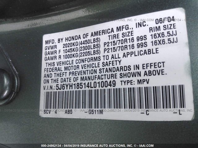 5J6YH18514L010049 - 2004 HONDA ELEMENT EX GREEN photo 9