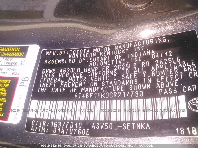 4T4BF1FK0CR217780 - 2012 TOYOTA CAMRY SE/LE/XLE ნაცრისფერი ფოტო 9