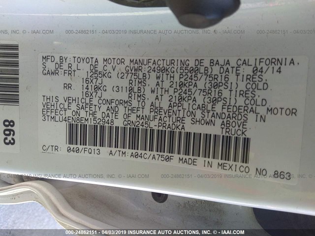 3TMLU4EN8EM152948 - 2014 TOYOTA TACOMA DOUBLE CAB 白色 照片 9