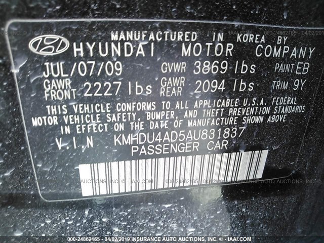 KMHDU4AD5AU831837 - 2010 HYUNDAI ELANTRA BLUE/GLS/SE BLACK photo 9