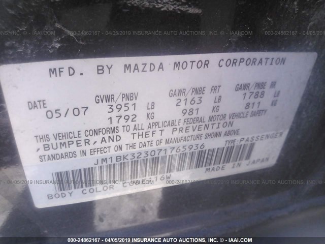 JM1BK323071765936 - 2007 MAZDA 3 S BLACK photo 9