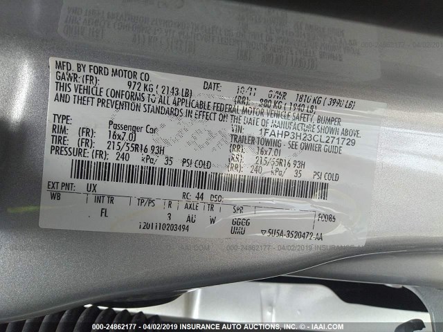 1FAHP3H23CL271729 - 2012 FORD FOCUS SILVER photo 9