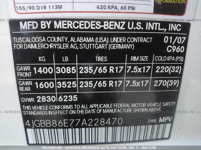 4JGBB86E77A228470 - 2007 MERCEDES-BENZ ML 350 WHITE photo 9