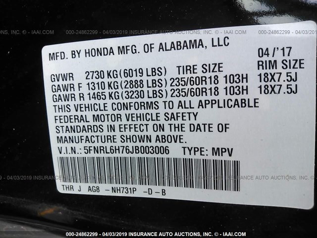 5FNRL6H76JB003006 - 2018 HONDA ODYSSEY EXL BLACK photo 9