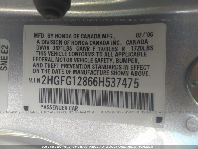 2HGFG12866H537475 - 2006 HONDA CIVIC SILVER photo 9