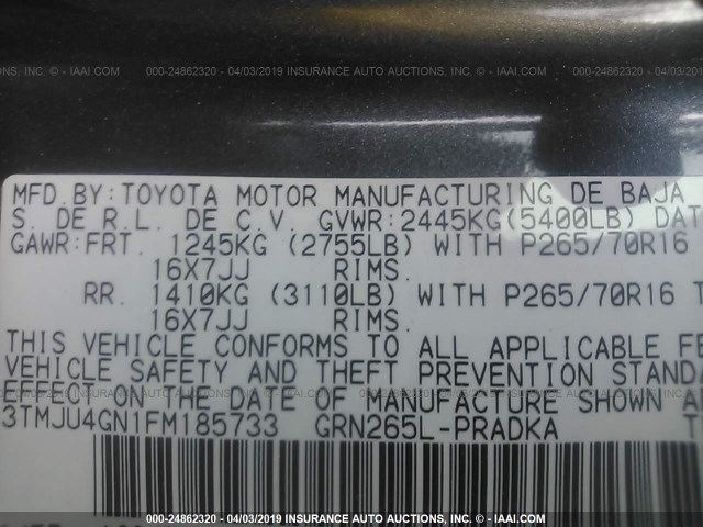 3TMJU4GN1FM185733 - 2015 TOYOTA TACOMA DOUBLE CAB PRERUNNER GRAY photo 9