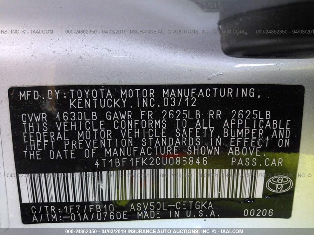 4T1BF1FK2CU086846 - 2012 TOYOTA CAMRY SE/LE/XLE 银色 照片 9