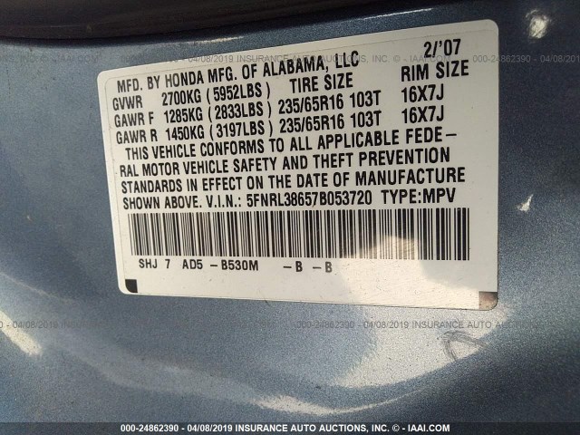 5FNRL38657B053720 - 2007 HONDA ODYSSEY EXL Light Blue photo 9