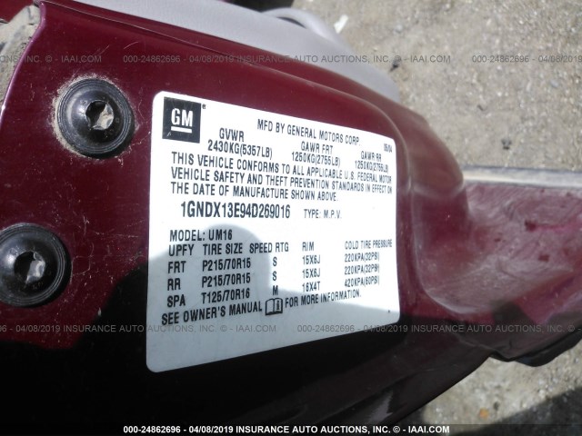 1GNDX13E94D269016 - 2004 CHEVROLET VENTURE LUXURY MAROON photo 9