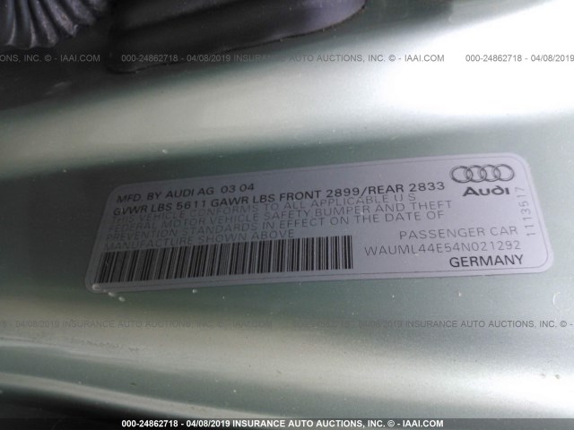 WAUML44E54N021292 - 2004 AUDI A8 L QUATTRO TEAL photo 9