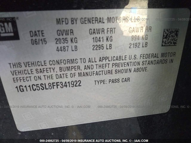 1G11C5SL8FF341922 - 2015 CHEVROLET MALIBU 1LT 黑色 照片 9