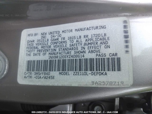 1NXBR12E6YZ408614 - 2000 TOYOTA COROLLA VE/CE/LE GOLD photo 9