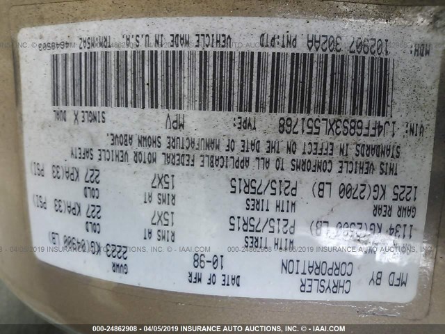 1J4FF68S3XL551768 - 1999 JEEP CHEROKEE SPORT/CLASSIC ოქროსფერი ფოტო 9