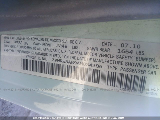 3VWRW3AG9AM034386 - 2010 VOLKSWAGEN NEW BEETLE BLUE photo 9