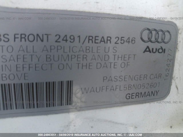 WAUFFAFL5BN052601 - 2011 AUDI A4 PREMIUM PLUS WHITE photo 9