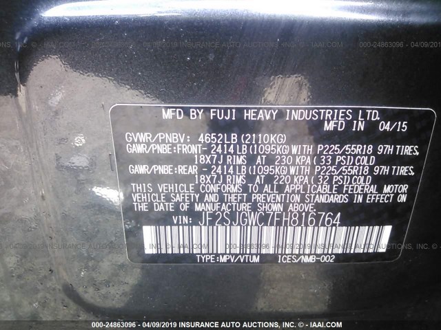 JF2SJGWC7FH816764 - 2015 SUBARU FORESTER 2.0XT TOURING GRAY photo 9