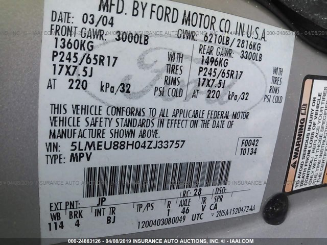 5LMEU88H04ZJ33757 - 2004 LINCOLN AVIATOR 银色 照片 9