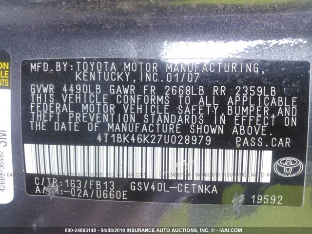 4T1BK46K27U028979 - 2007 TOYOTA CAMRY NEW GENERAT LE/XLE/SE GRAY photo 9