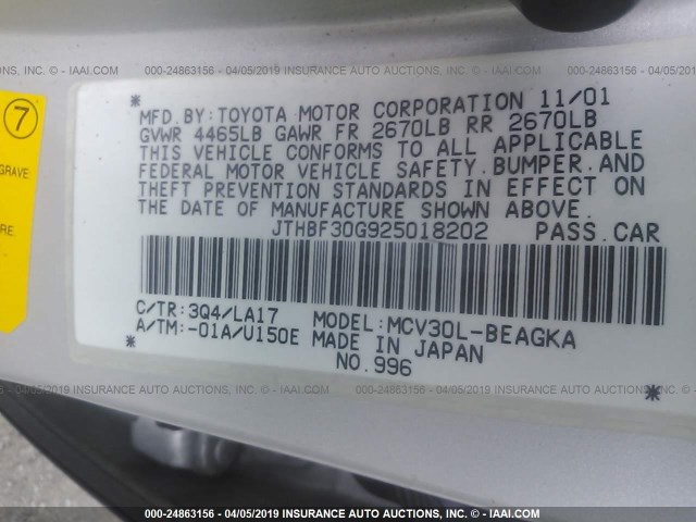 JTHBF30G925018202 - 2002 LEXUS ES 300 SILVER photo 9