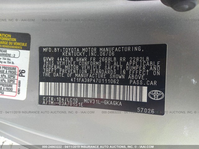 4T1FA38P47U111062 - 2007 TOYOTA CAMRY SOLARA SE/SLE SILVER photo 9