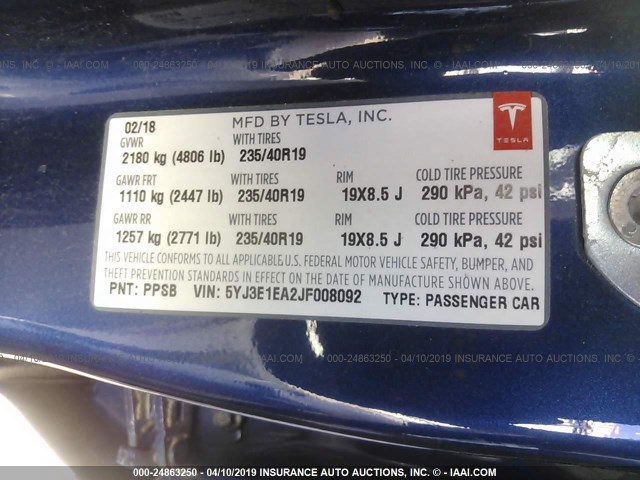 5YJ3E1EA2JF008092 - 2018 TESLA MODEL 3 BLUE photo 9