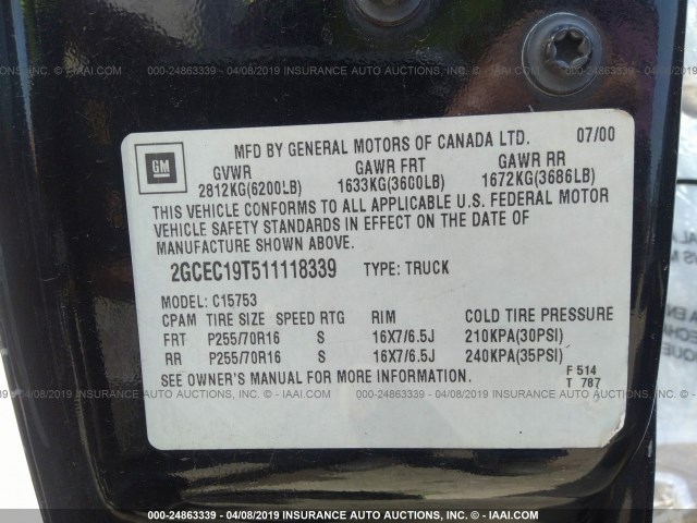 2GCEC19T511118339 - 2001 CHEVROLET SILVERADO C1500 BLACK photo 9