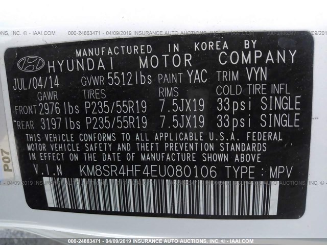 KM8SR4HF4EU080106 - 2014 HYUNDAI SANTA FE LIMITED WHITE photo 9