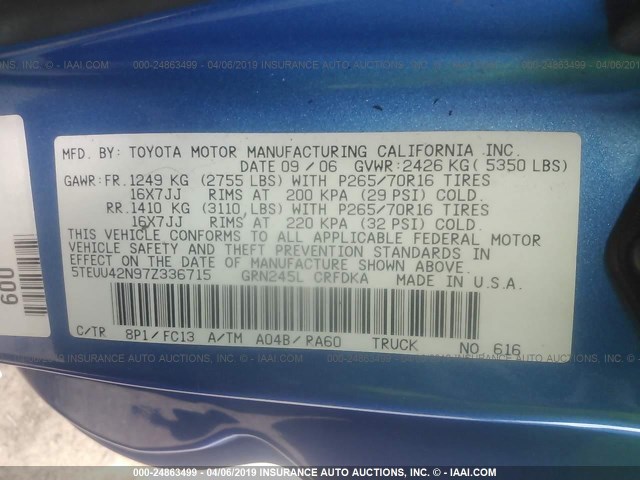 5TEUU42N97Z336715 - 2007 TOYOTA TACOMA ACCESS CAB ლურჯი ფოტო 9