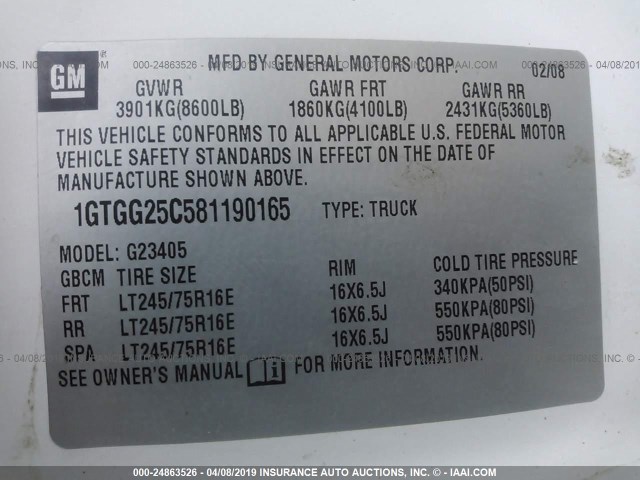 1GTGG25C581190165 - 2008 GMC SAVANA G2500 WHITE photo 9