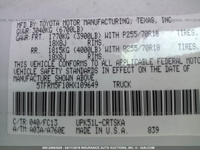 5TFRM5F10HX109649 - 2017 TOYOTA TUNDRA DOUBLE CAB SR/SR5 WHITE photo 9