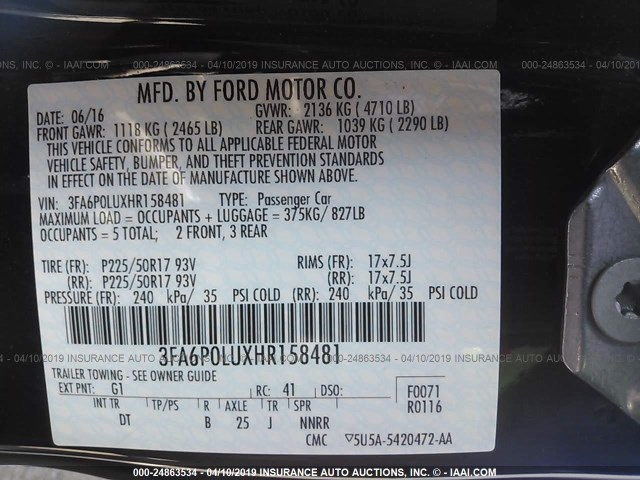 3FA6P0LUXHR158481 - 2017 FORD FUSION SE HYBRID BLACK photo 9