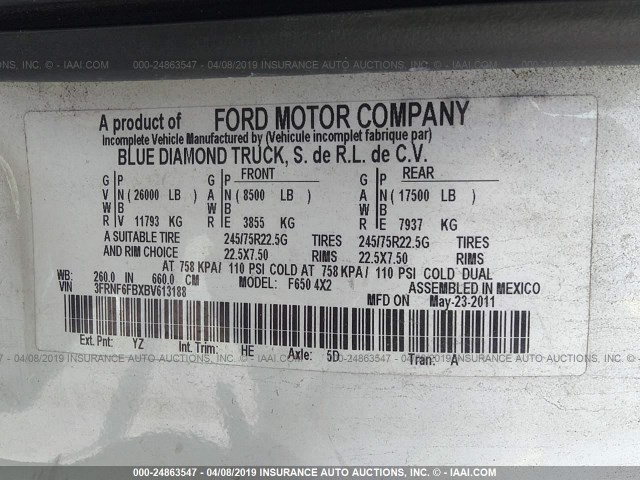 3FRNF6FBXBV613188 - 2011 FORD F650 SUPER DUTY Unknown photo 9
