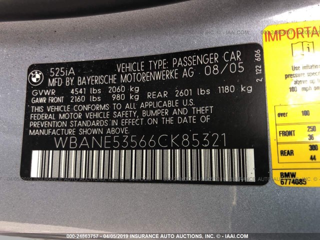 WBANE53566CK85321 - 2006 BMW 525 I GRAY photo 9