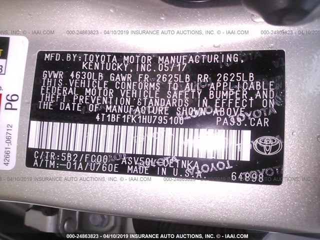 4T1BF1FK1HU795100 - 2017 TOYOTA CAMRY LE/XLE/SE/XSE ოქროსფერი ფოტო 9