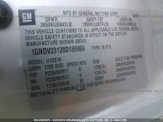 1GNDV23128D188969 - 2008 CHEVROLET UPLANDER LS SILVER photo 9