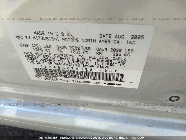 4A3AB36F86E014037 - 2006 MITSUBISHI GALANT ES MEDIUM/LS MEDIUM SILVER photo 9